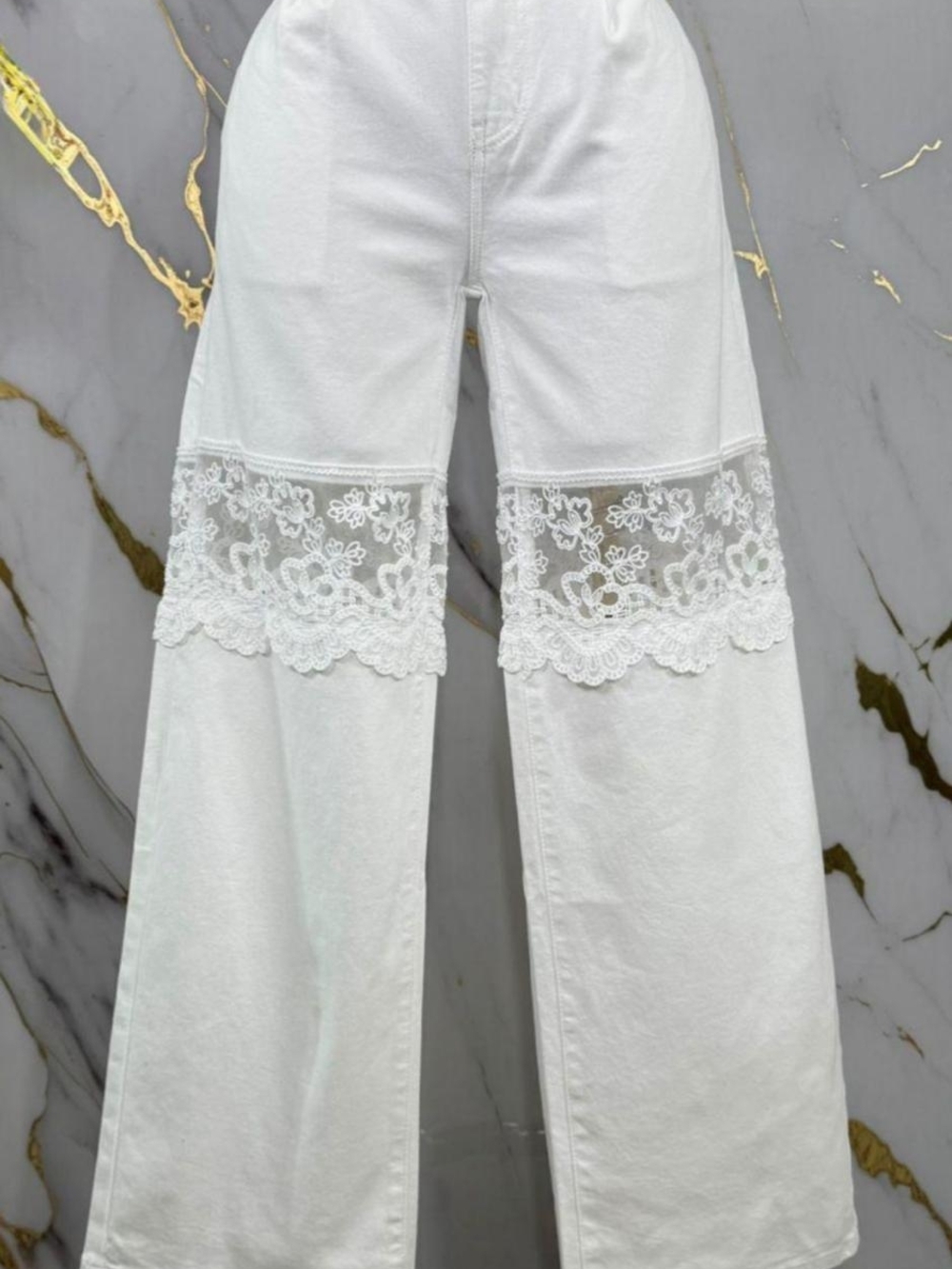 Women's White Lace-Panel Wide Leg Jeans